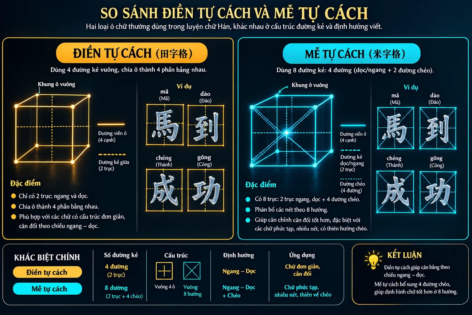 Sơ đồ phân tích hình học ô Mễ tự và Điền tự tập viết chữ Hán